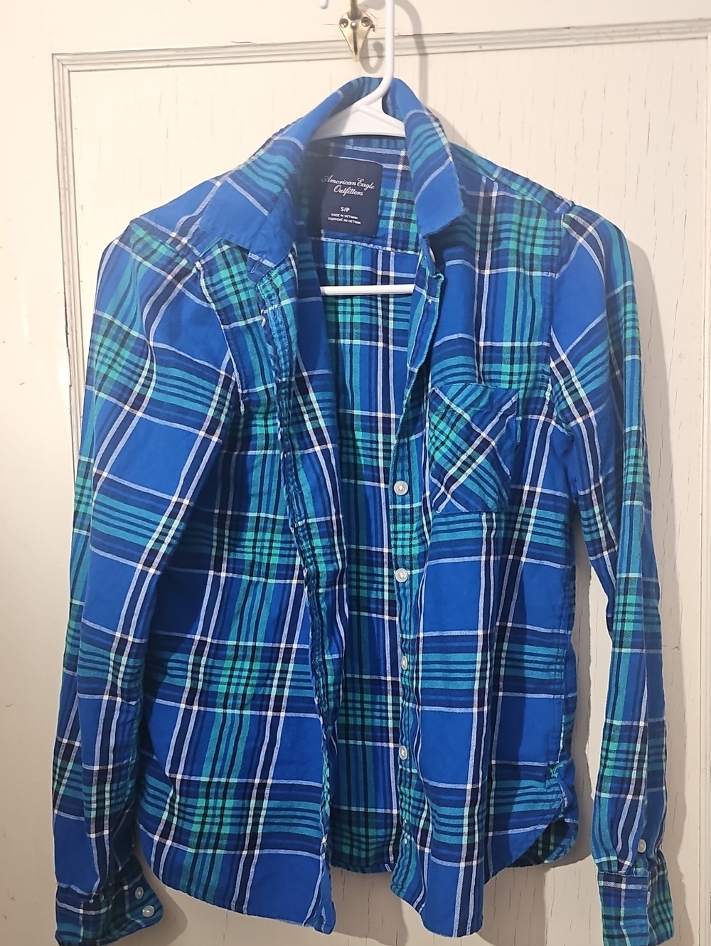 American Eagle Outfitters Blue and Green Plaid Button-Down Shirt